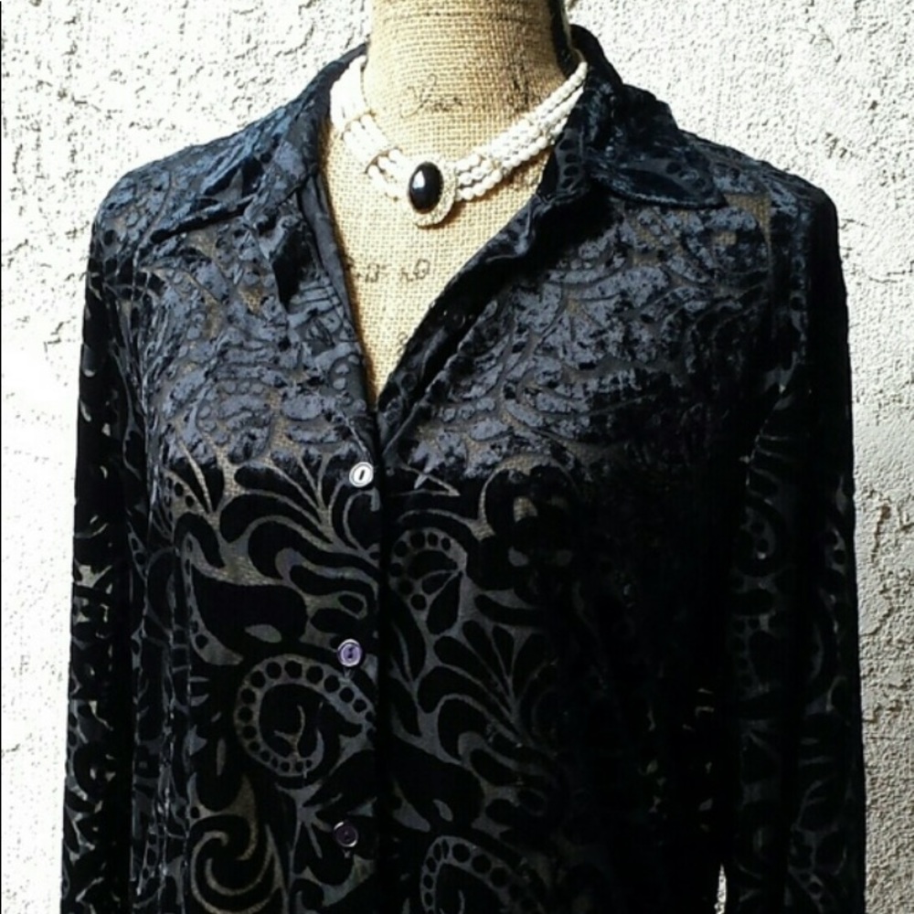 New Impressions velvet floral SHEER BLOUSE Burnout BURNT VELVET Holiday Brocade